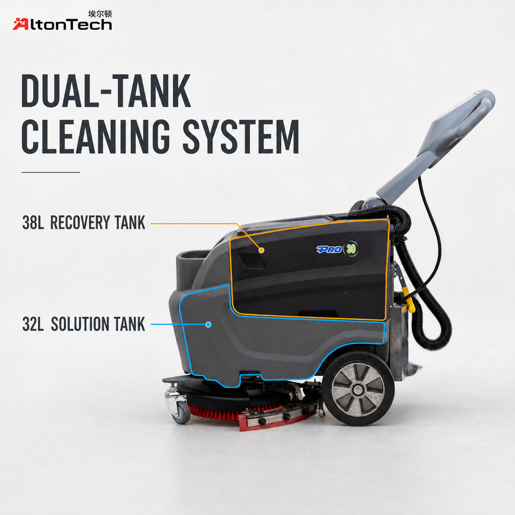 T3B Battery Powered Walk Behind Floor Scrubber Machine, 16.9" Brush, 25.6" Squeegee Width, 8.5 gal Solution Tank, 10.0 gal Recovery Tank, Brush Speed 180 RPM