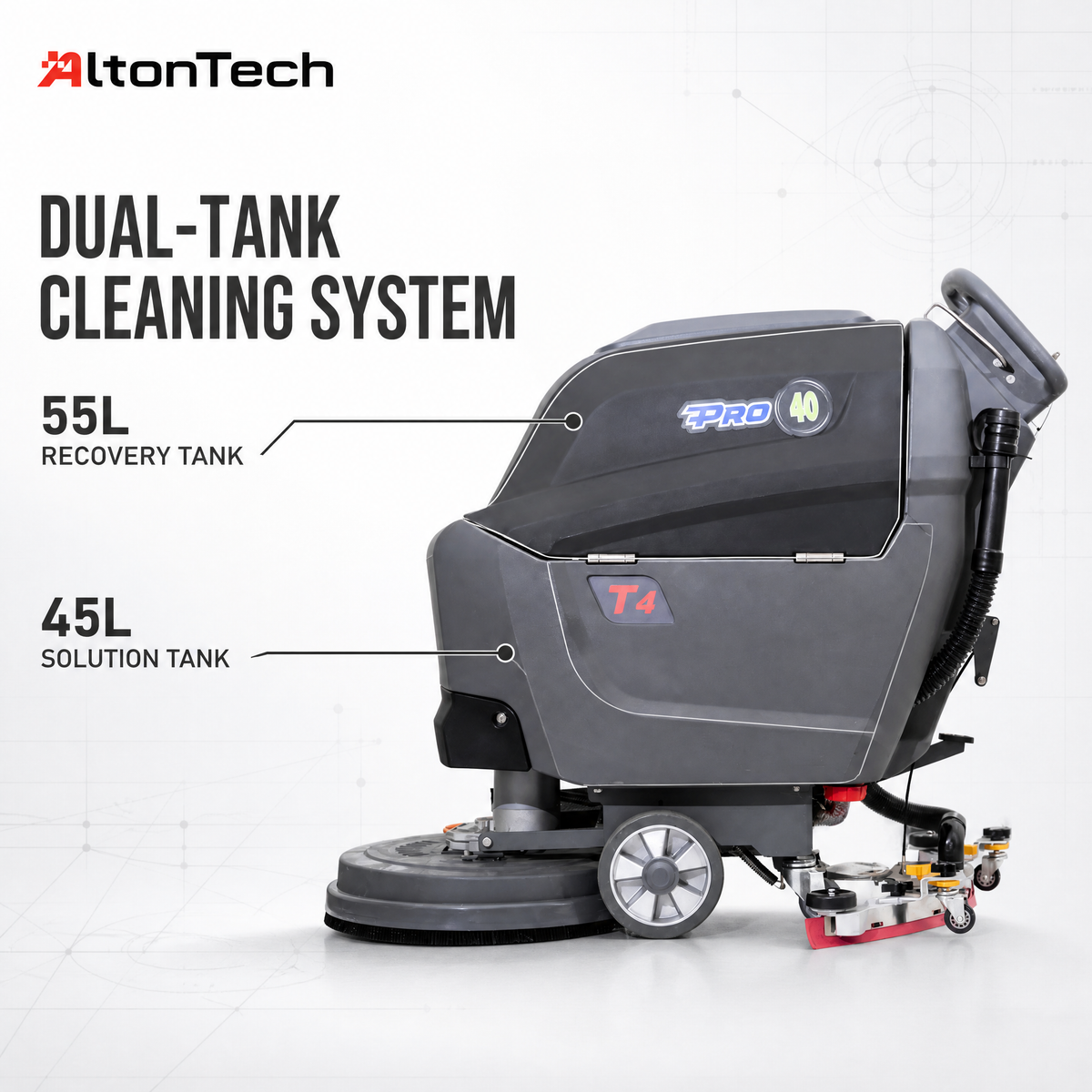 T4B Walk-behind Floor Scrubber with 510mm Working Width 830 Squeegee Width 40L Solution Tank 50L Recovery Tank