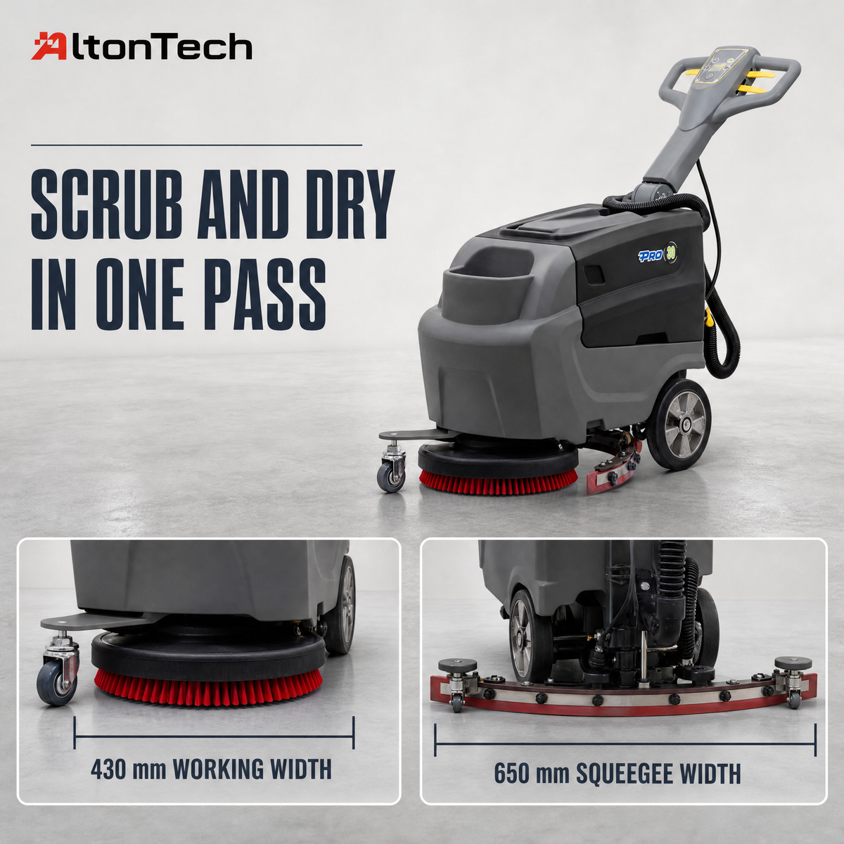 T3B Battery Powered Walk Behind Floor Scrubber Machine, 16.9" Brush, 25.6" Squeegee Width, 8.5 gal Solution Tank, 10.0 gal Recovery Tank, Brush Speed 180 RPM