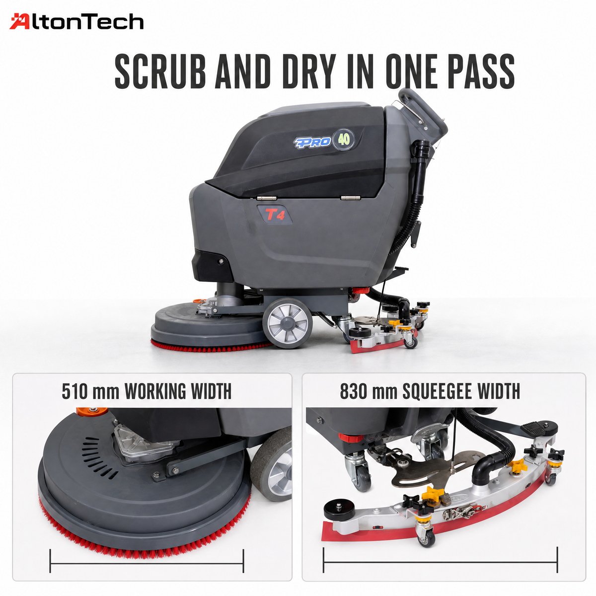 T4B Walk-behind Floor Scrubber with 510mm Working Width 830 Squeegee Width 40L Solution Tank 50L Recovery Tank