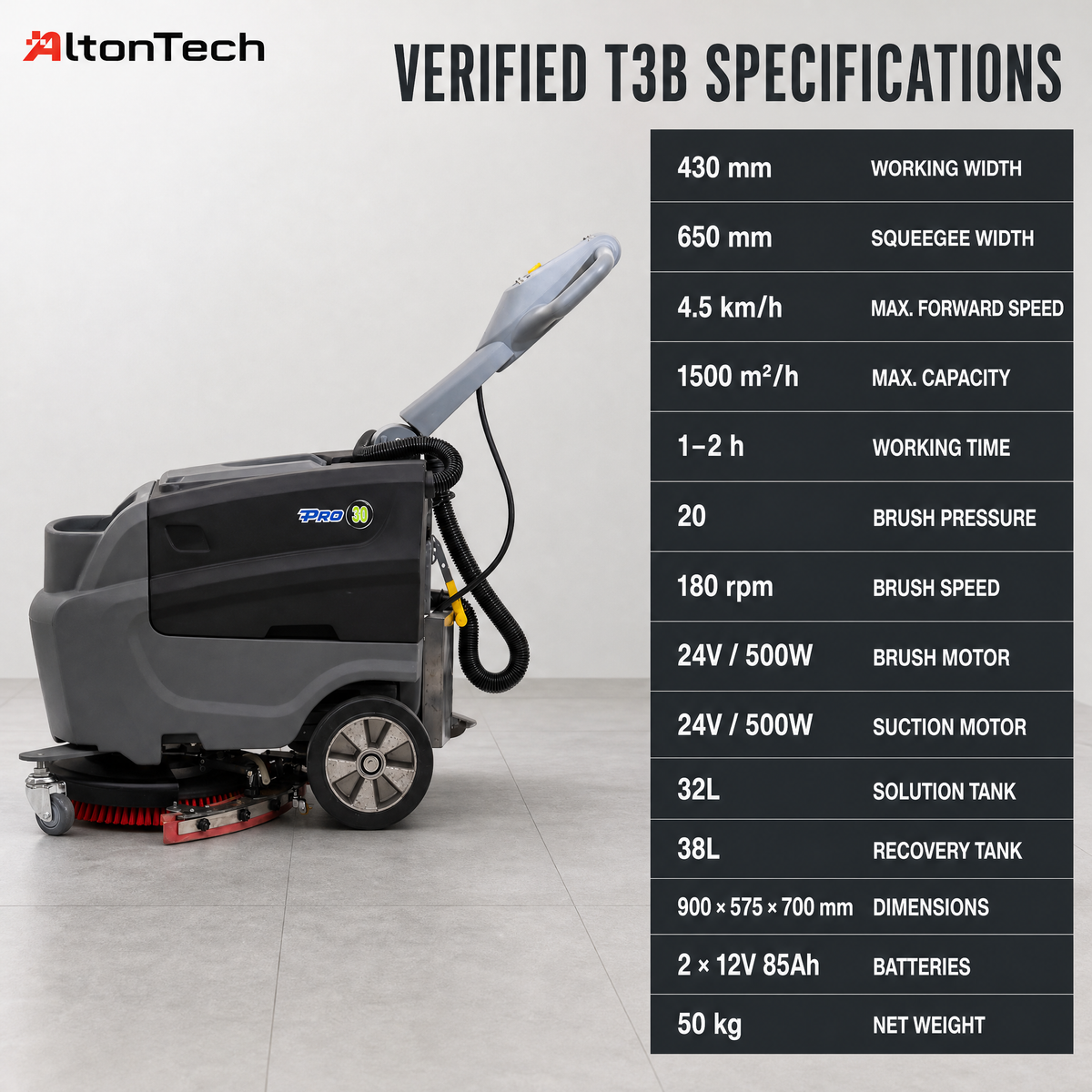 T3B Battery Powered Walk Behind Floor Scrubber Machine, 16.9" Brush, 25.6" Squeegee Width, 8.5 gal Solution Tank, 10.0 gal Recovery Tank, Brush Speed 180 RPM