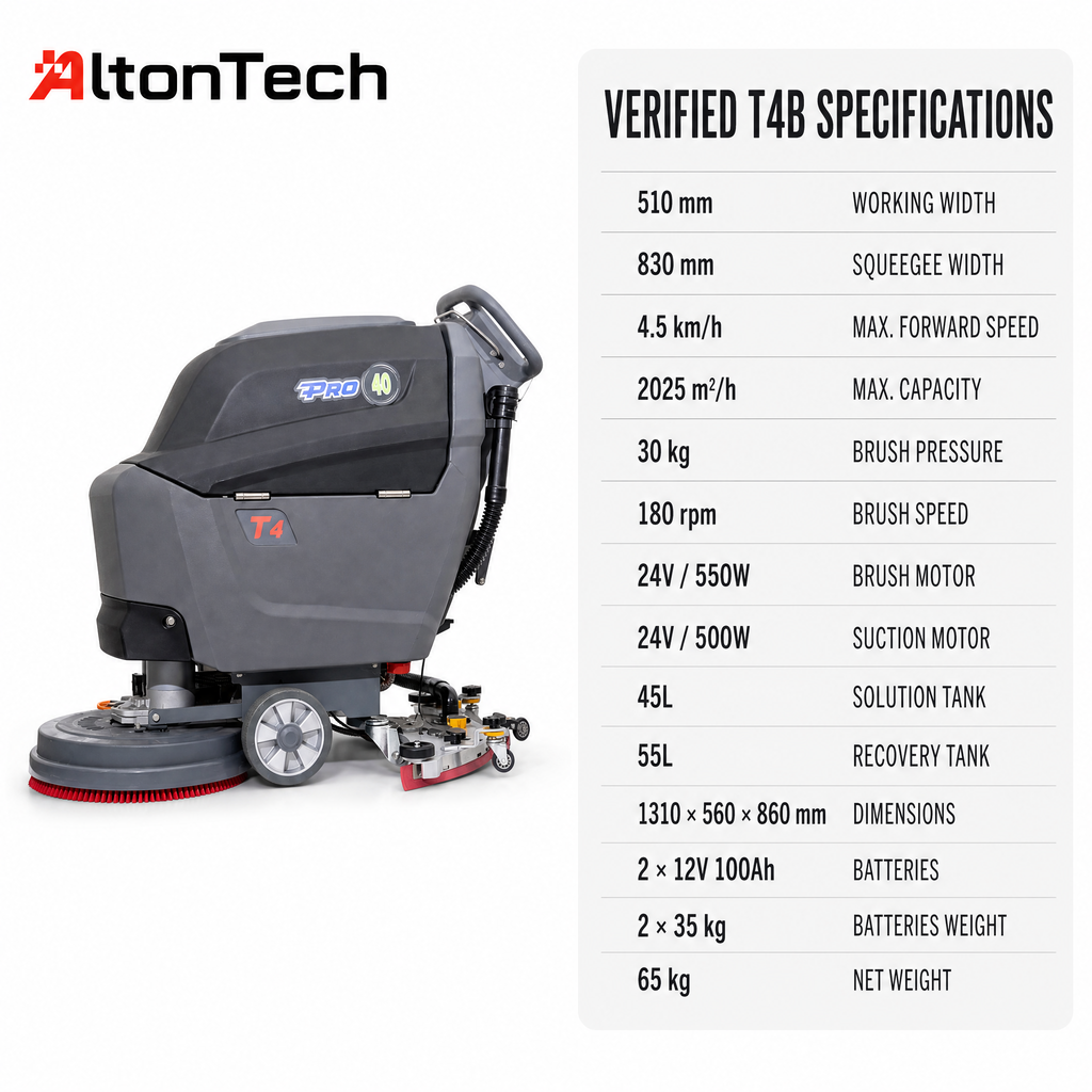 T4B Walk-behind Floor Scrubber with 510mm Working Width 830 Squeegee Width 40L Solution Tank 50L Recovery Tank