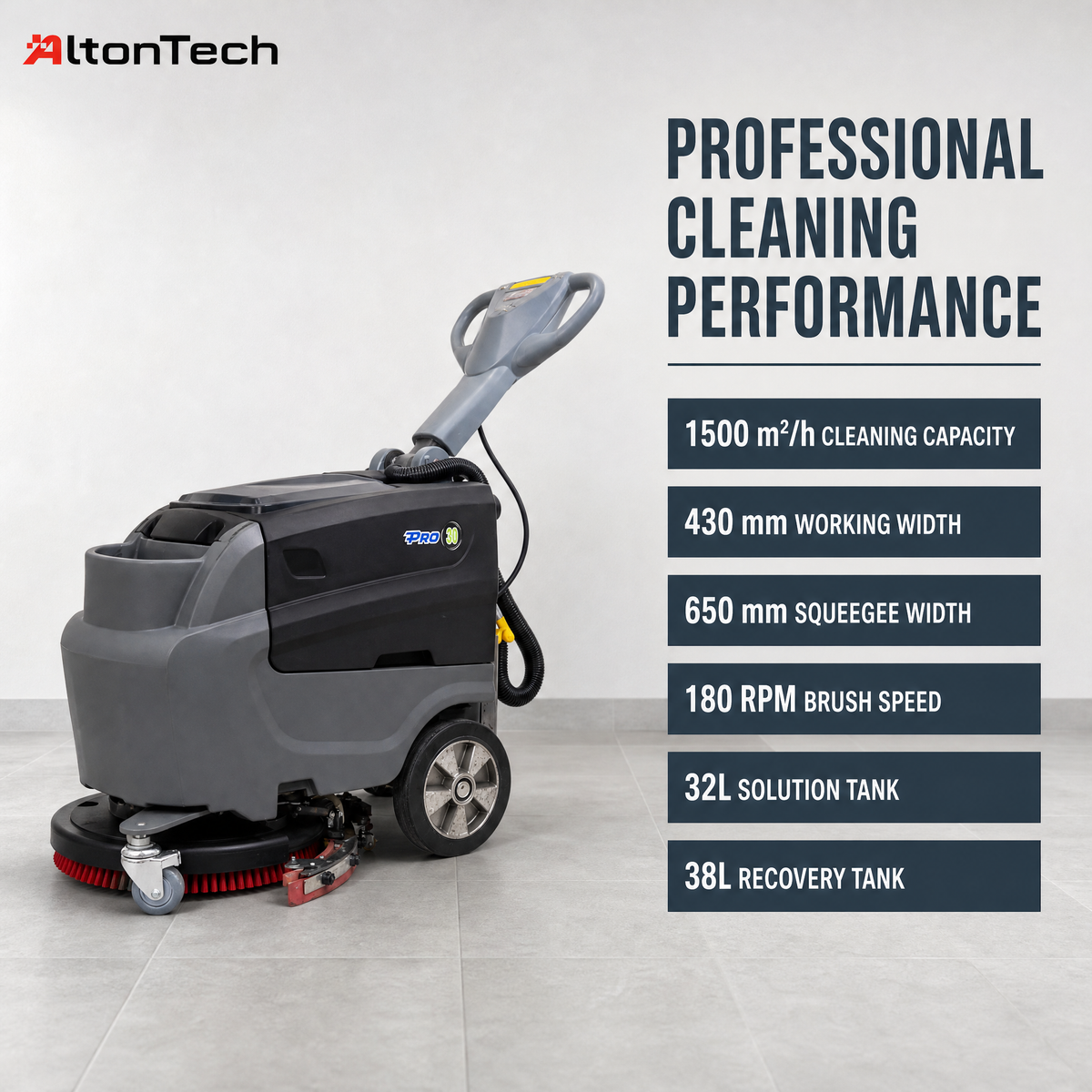 T3B Battery Powered Walk Behind Floor Scrubber Machine, 16.9" Brush, 25.6" Squeegee Width, 8.5 gal Solution Tank, 10.0 gal Recovery Tank, Brush Speed 180 RPM