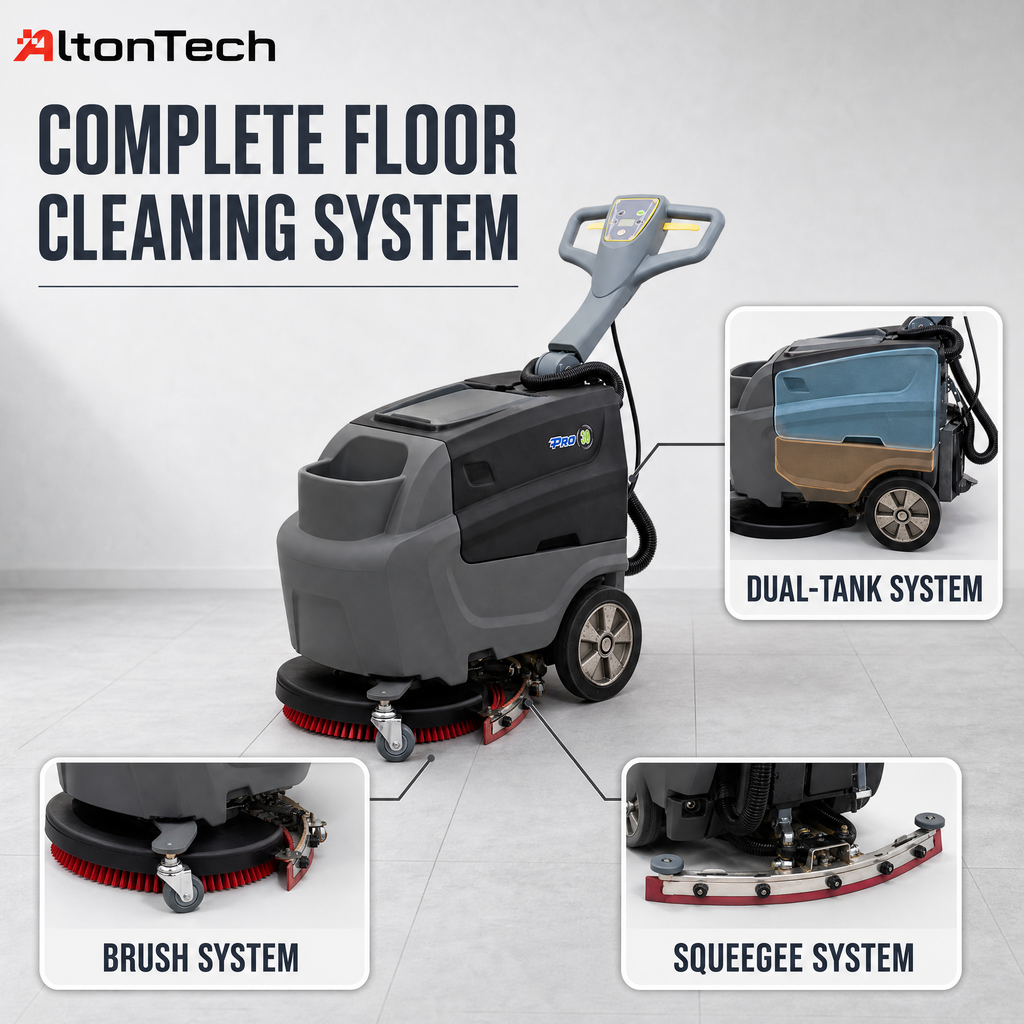T3B Battery Powered Walk Behind Floor Scrubber Machine, 16.9" Brush, 25.6" Squeegee Width, 8.5 gal Solution Tank, 10.0 gal Recovery Tank, Brush Speed 180 RPM