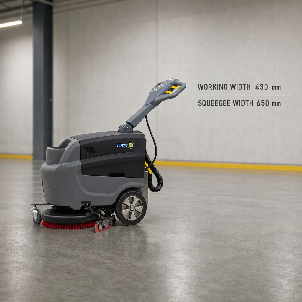 T3B Battery Powered Walk Behind Floor Scrubber Machine, 16.9" Brush, 25.6" Squeegee Width, 8.5 gal Solution Tank, 10.0 gal Recovery Tank, Brush Speed 180 RPM