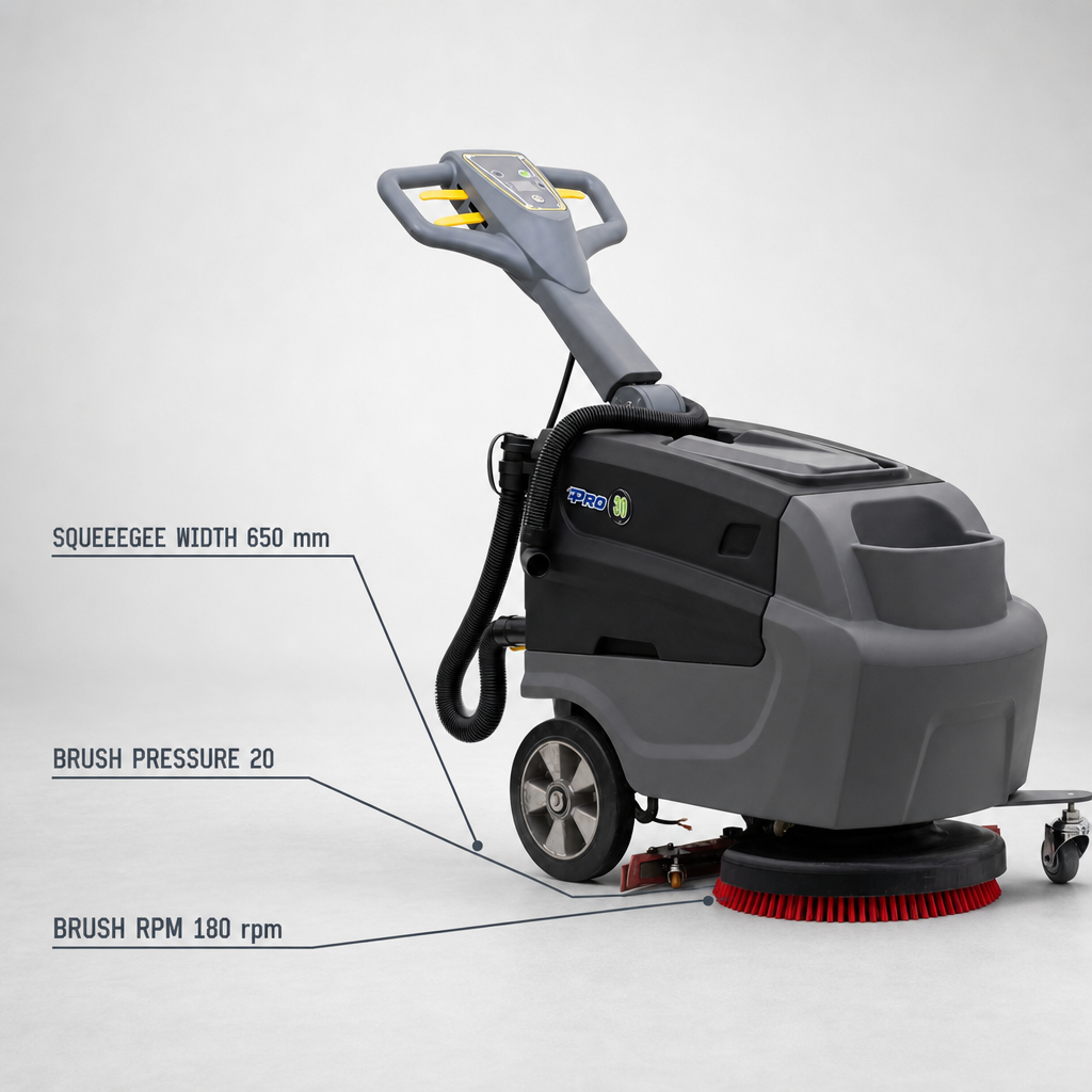 T3B Battery Powered Walk Behind Floor Scrubber Machine, 16.9" Brush, 25.6" Squeegee Width, 8.5 gal Solution Tank, 10.0 gal Recovery Tank, Brush Speed 180 RPM