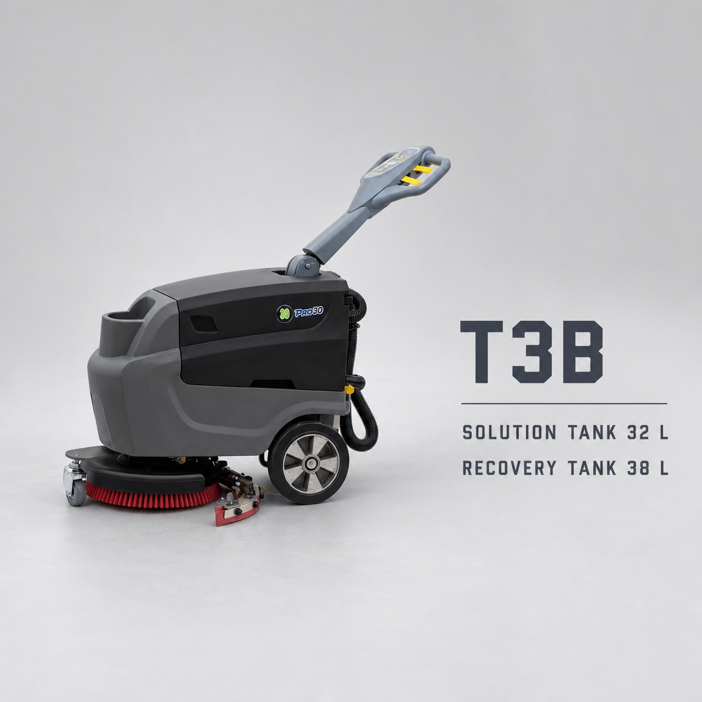 T3B Battery Powered Walk Behind Floor Scrubber Machine, 16.9" Brush, 25.6" Squeegee Width, 8.5 gal Solution Tank, 10.0 gal Recovery Tank, Brush Speed 180 RPM